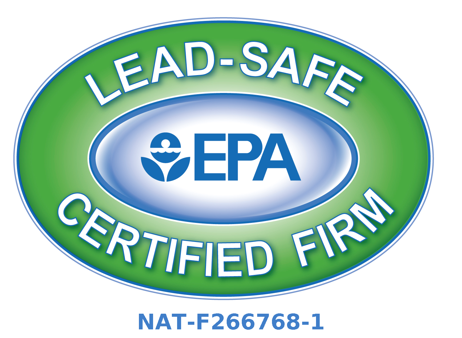 EPA Lead-Safe Certified Firm badge with green and blue oval design, featuring EPA logo and certification number NAT-F266768-1.