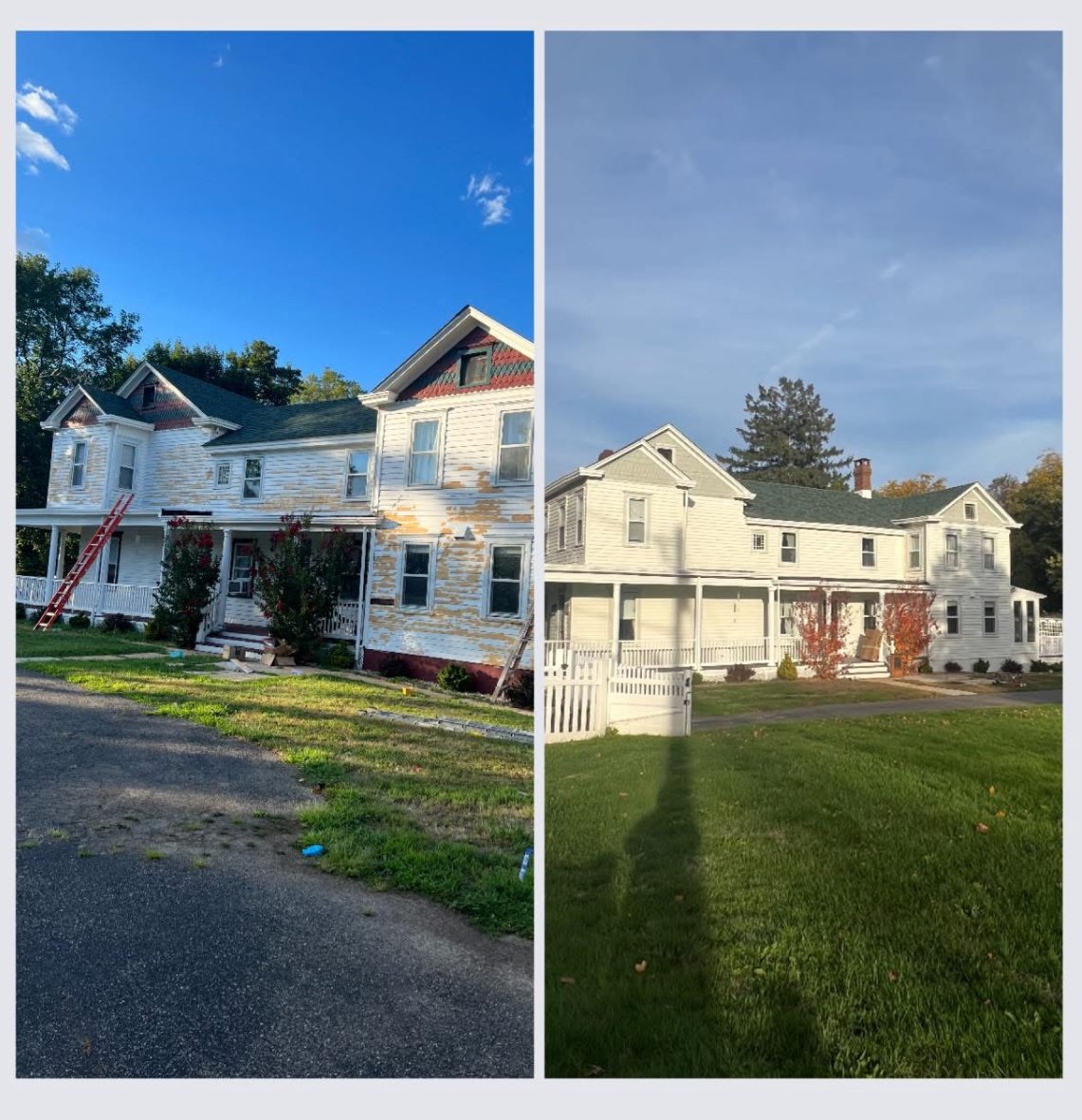 Before and after photos showing the renovation of a house's exterior, with peeling led paint removed in the before photo and the house freshly painted in the after photo.