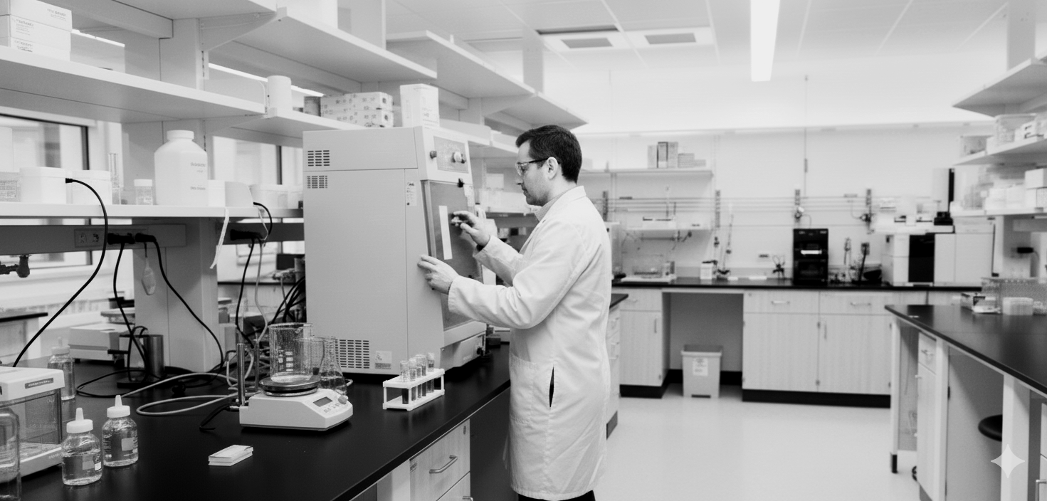 A scientist in a lab coat working with laboratory equipment at a laboratory bench.