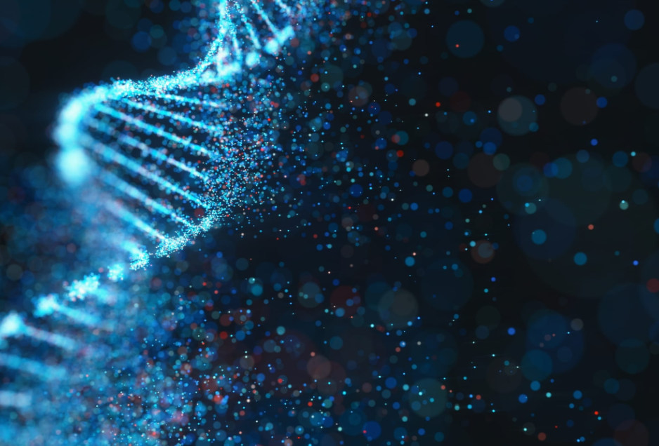 Digital representation of a DNA double helix with glowing blue particles against a dark background.