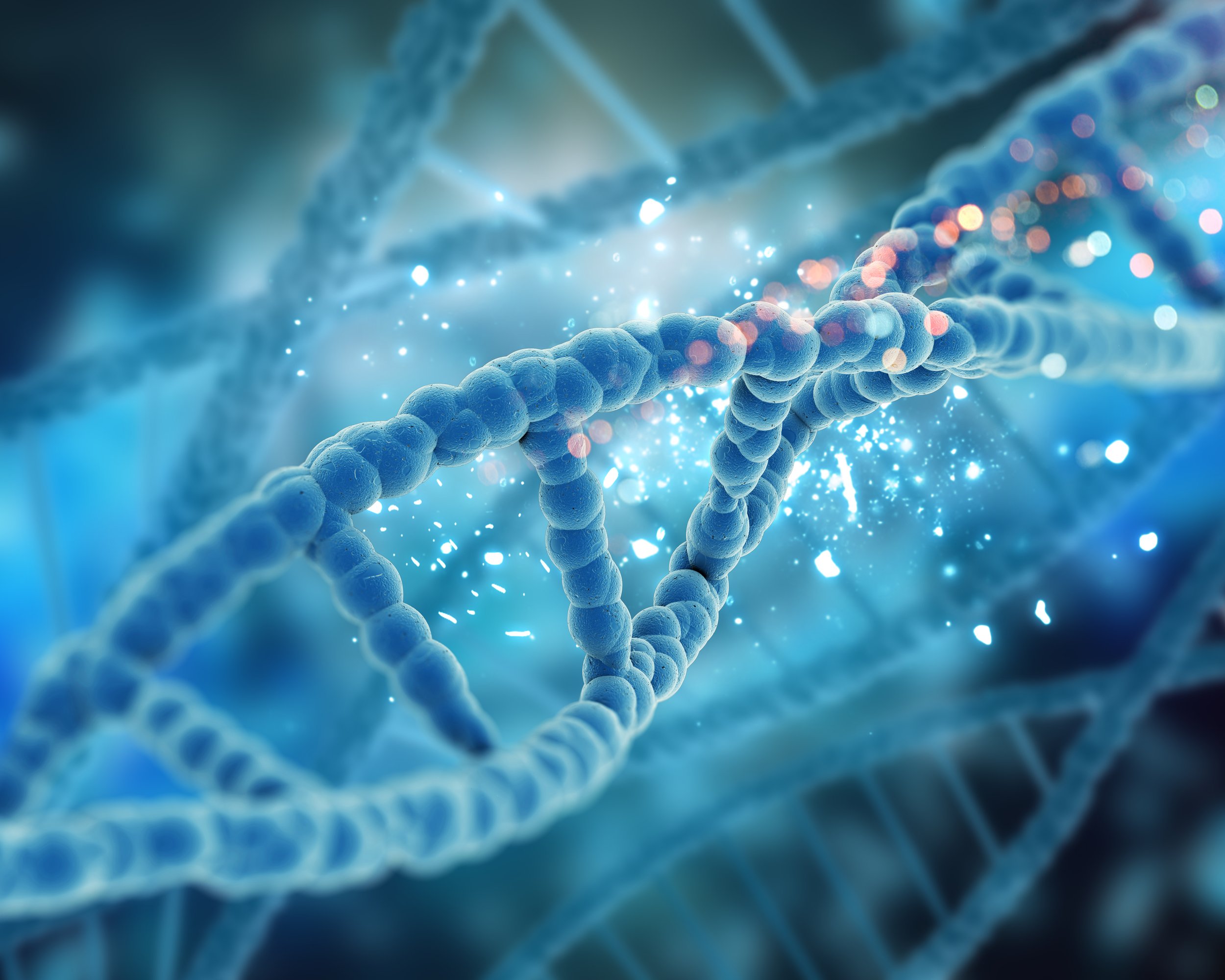 A close-up, digital illustration of a DNA double helix, glowing with blue and white light, set against a dark background.