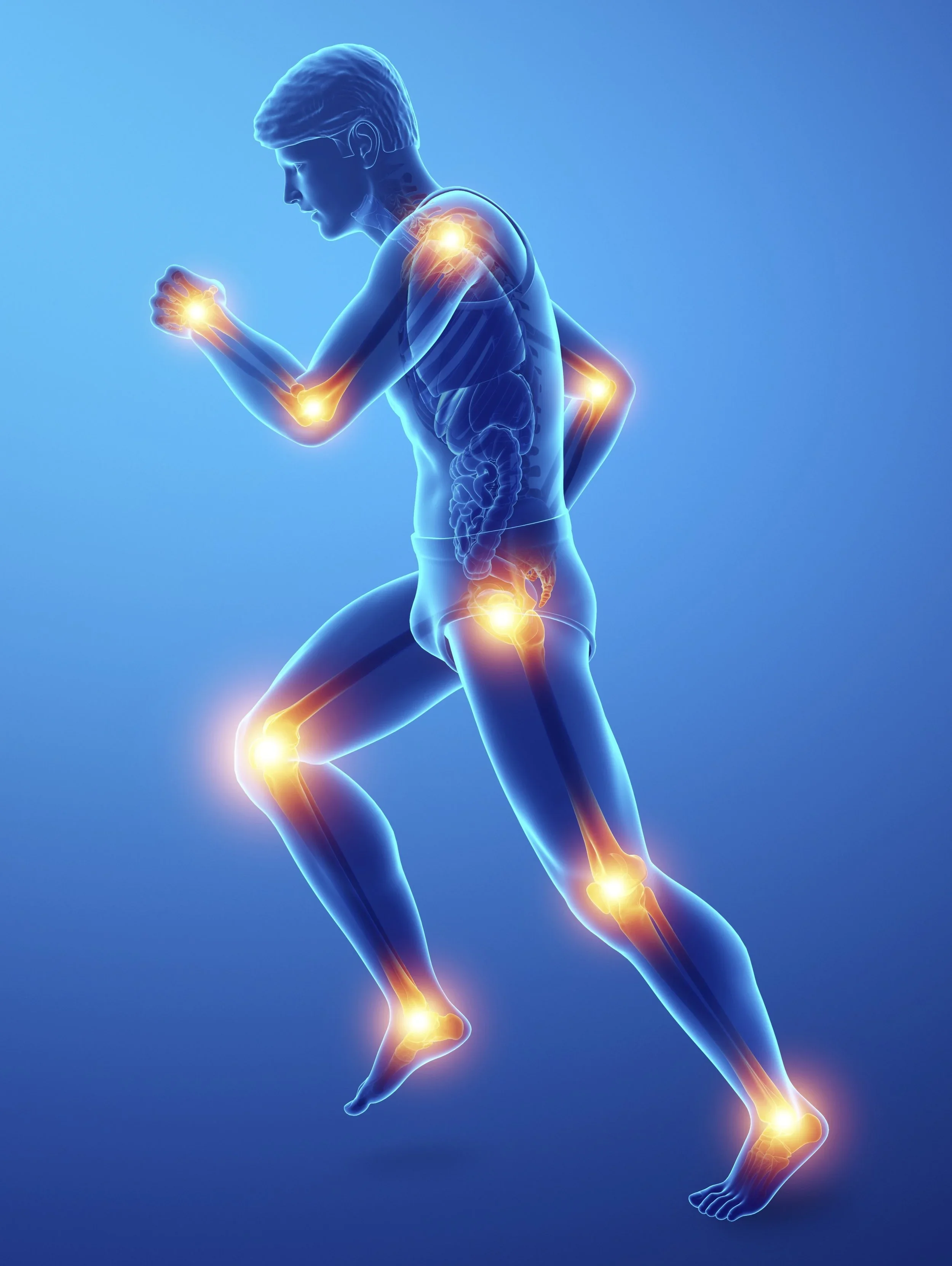 A digital illustration of a human figure with highlighted joints, showing the skeletal system and multiple joints glowing to indicate pain or inflammation.