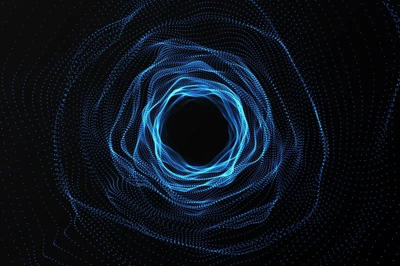 Digital blue swirling tunnel of dotted lines and points on a black background.