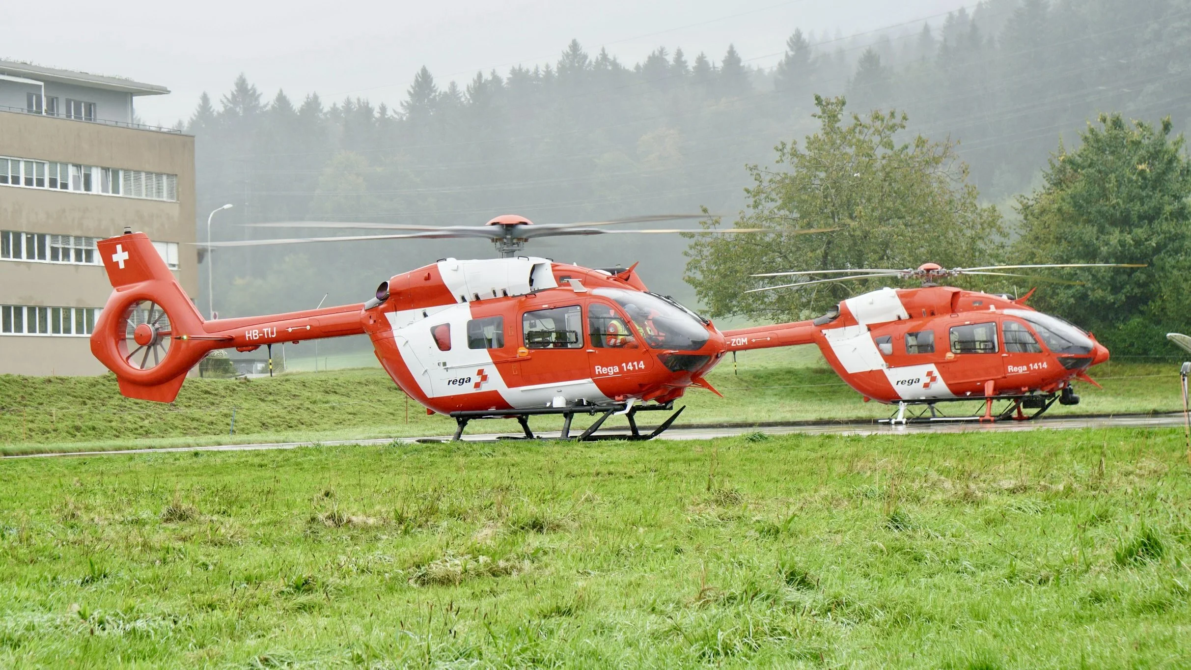 Zwei rote Schweizer Rettungshelikopter auf einer Wiese mit Gebäuden und Bäumen im Hintergrund.
