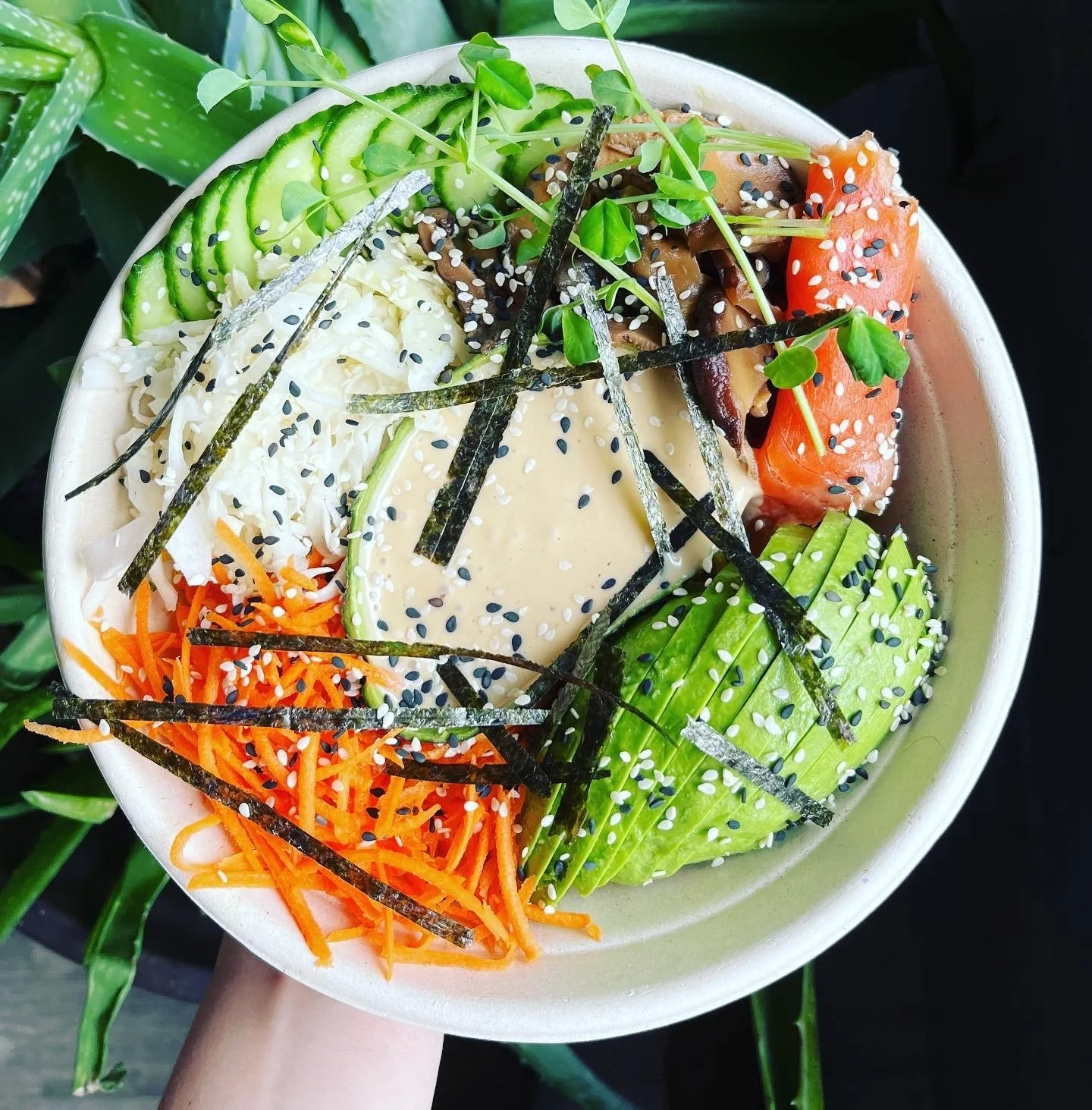 Buddha bowl with sliced cucumber, shredded carrots, avocado, salmon, shredded cheese, and dressing, topped with seaweed strips and sesame seeds.