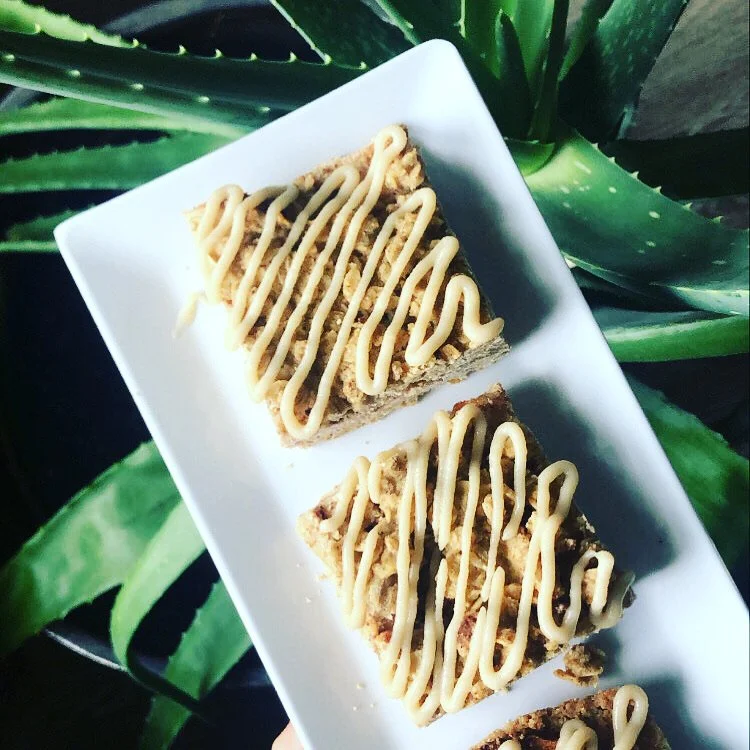 Two dessert squares topped with a drizzle of vanilla glaze on a white rectangular plate, placed on leafy green plants.