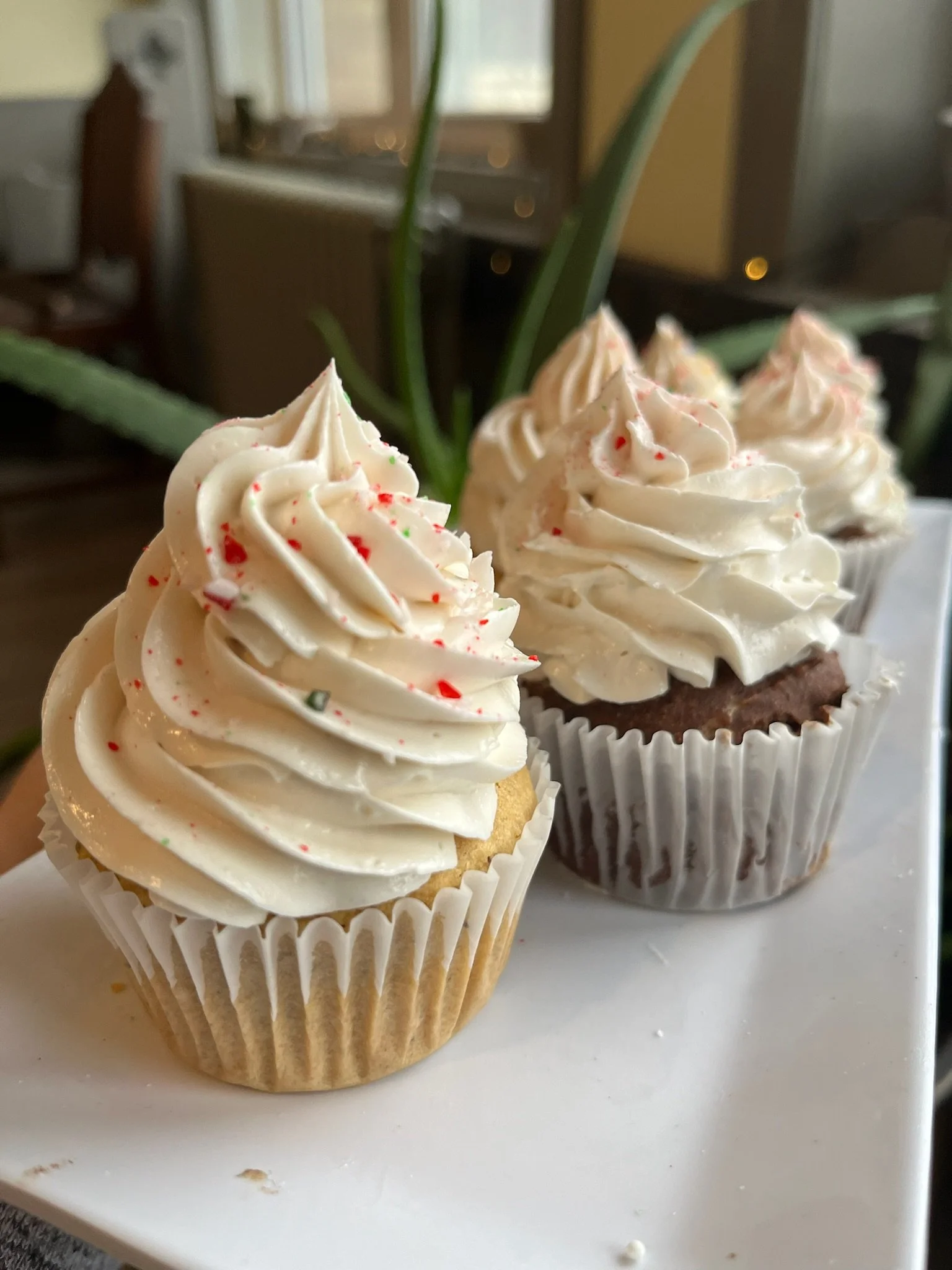 Two cupcakes with white frosting and red and green sprinkles on top, placed on a white surface with blurred background.