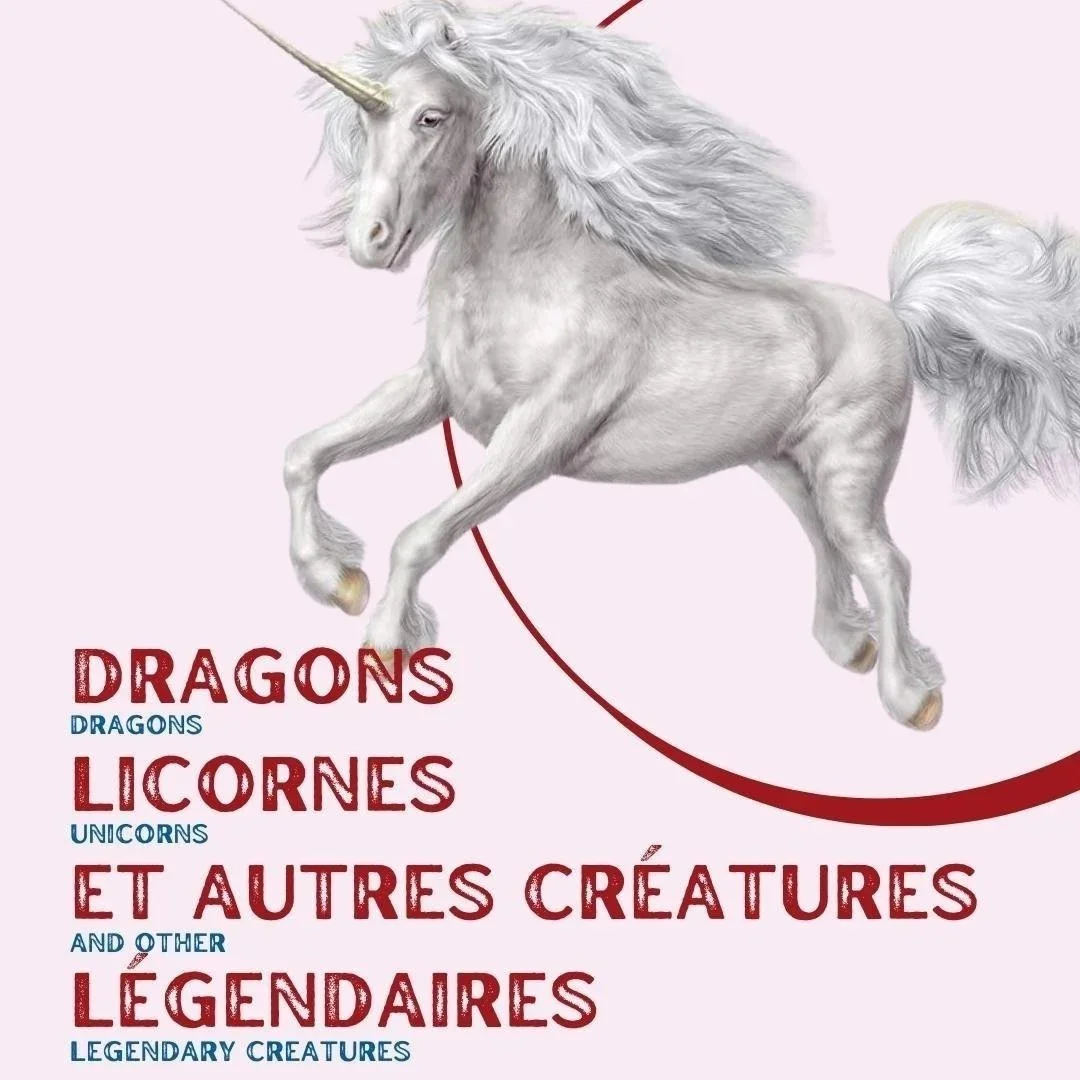 A white unicorn with a golden horn and flowing mane and tail against a pale pink background, along with red and blue text about legendary creatures, including dragons, unicorns, and others.