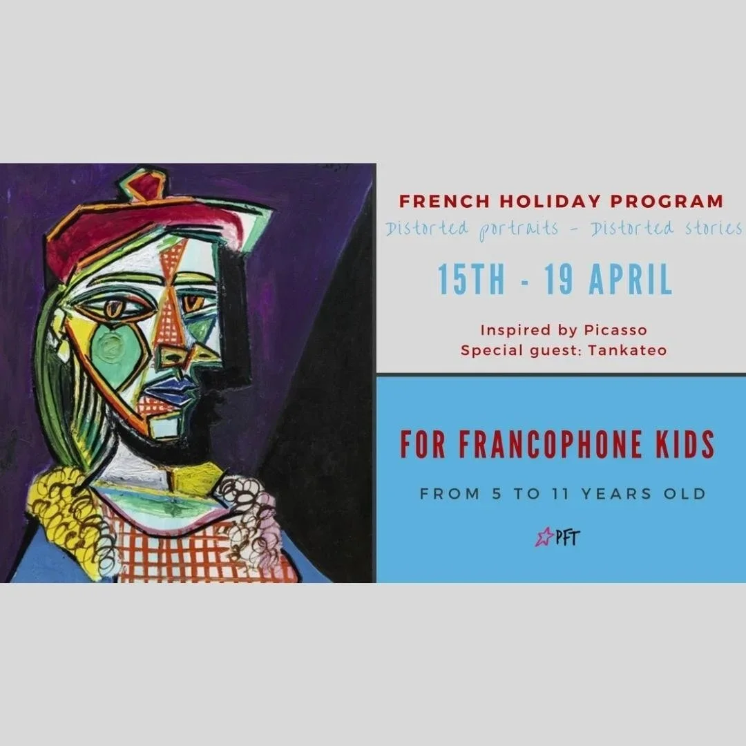 A colorful, abstract portrait inspired by Picasso, and a flyer for a French holiday program for francophone kids aged 5 to 11, running from April 15th to 19th, featuring special guest Tankateo.