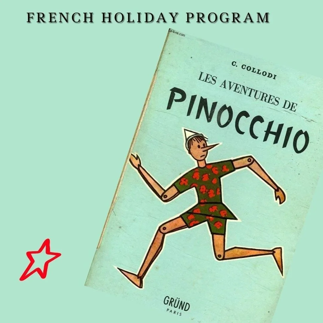 Book cover titled 'Les Aventures de Pinocchio' by C. Collodi, illustrated with a cartoon depiction of Pinocchio as a wooden puppet running, wearing a green outfit with red flowers, set against a light blue background.