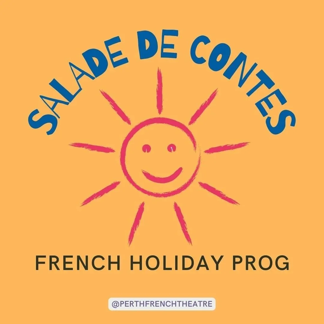 A bright orange background with a pink smiling sun sketch in the center. The sun has a friendly face with two eyes and a curved smile. Around the top half of the sun, there is blue text that says 'SALAD DE CONTES'. Below the sun, black text reads 'FR