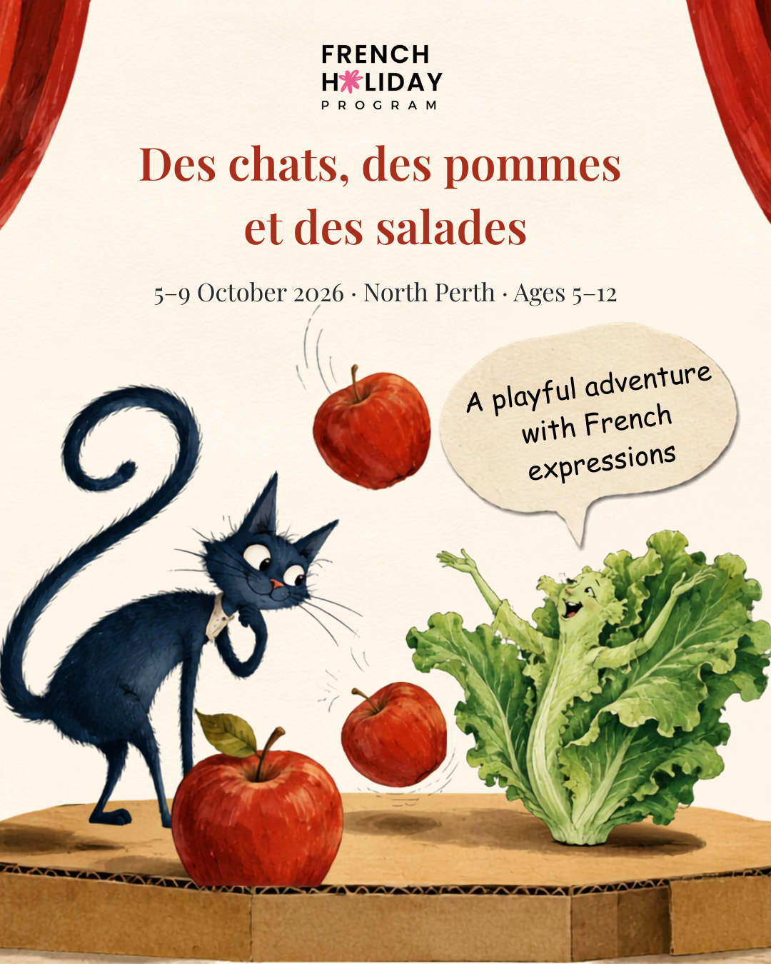 Illustrated poster for the October 2026 French Holiday Program theme, Des chats, des pommes et des salades, featuring a black cat, apples and a lettuce.