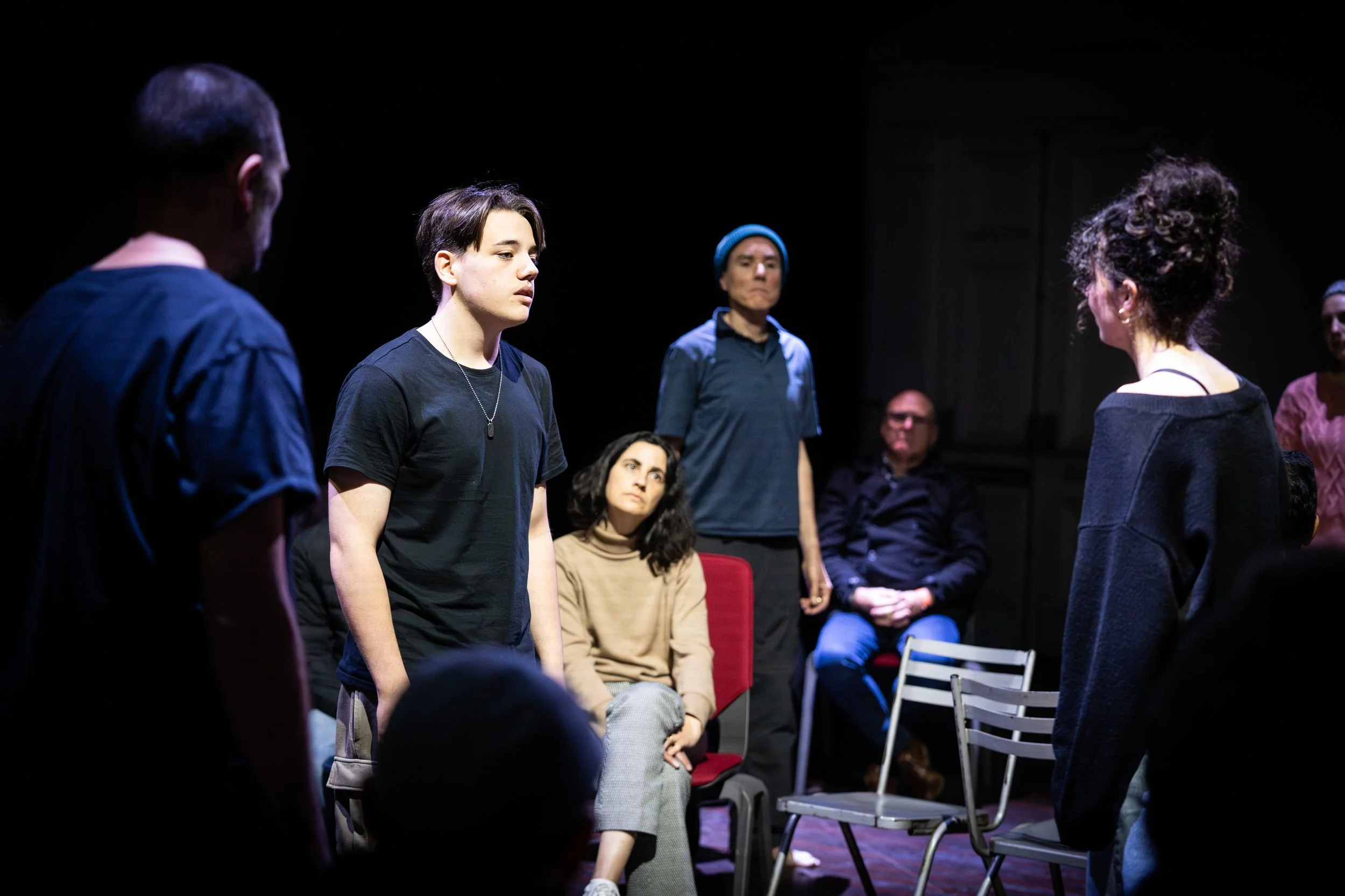 Perth French Theatre ensemble performing Stabat Mater Furiosa in an intimate staging with the audience close to the action.