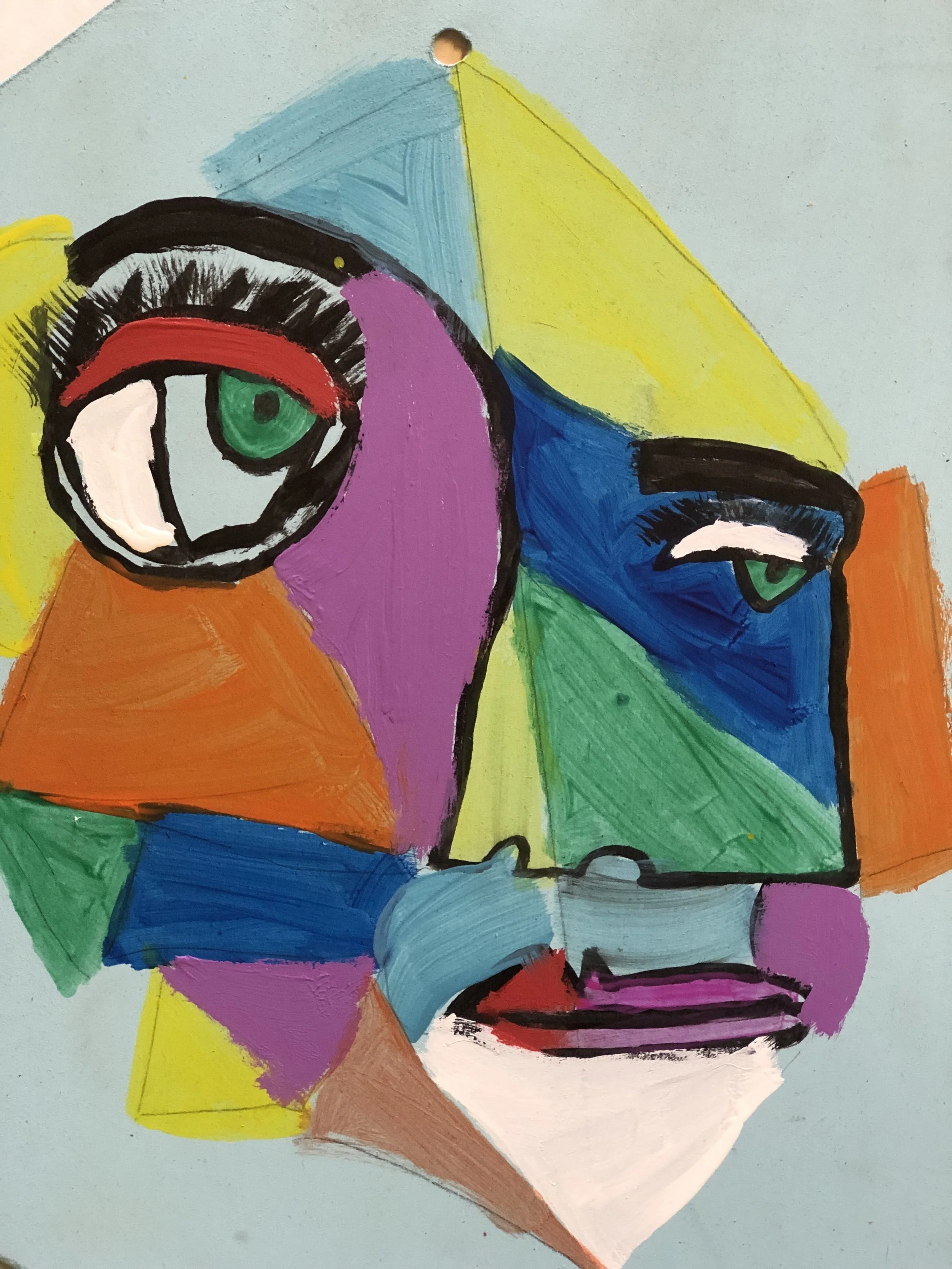 Colourful abstract portrait with large eyes and geometric shapes, used as an art reference for children.