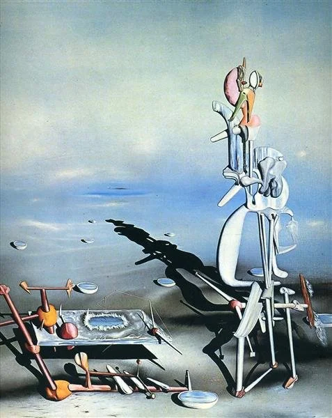 Surrealist artwork of elongated figures balancing and performing acrobatic poses, used for the Art in French program on Surrealism.
