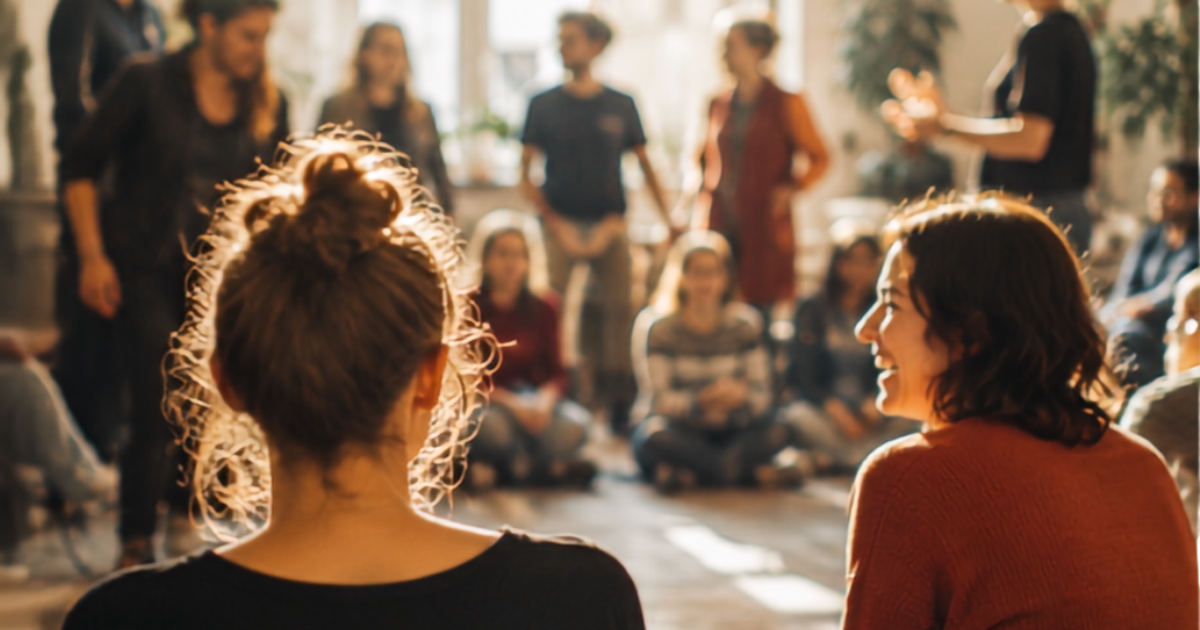 People gathered in a bright room for a WAFF Collective community event.
