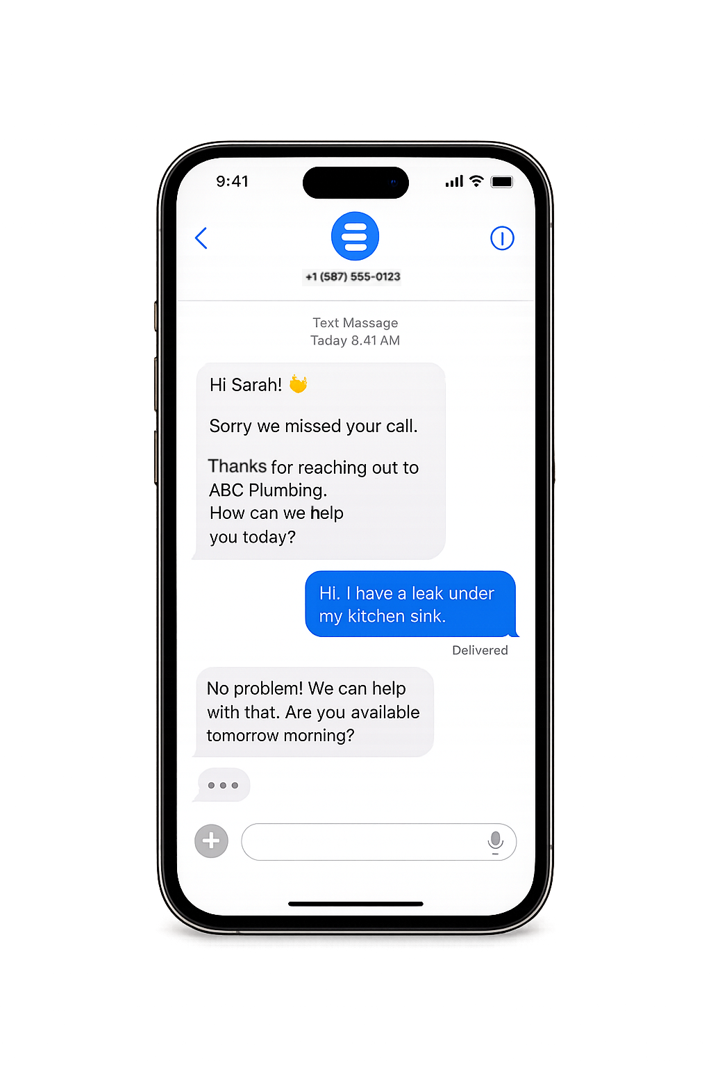 Smartphone screen displaying a text message conversation about a kitchen leak with an ABC Plumbing service.