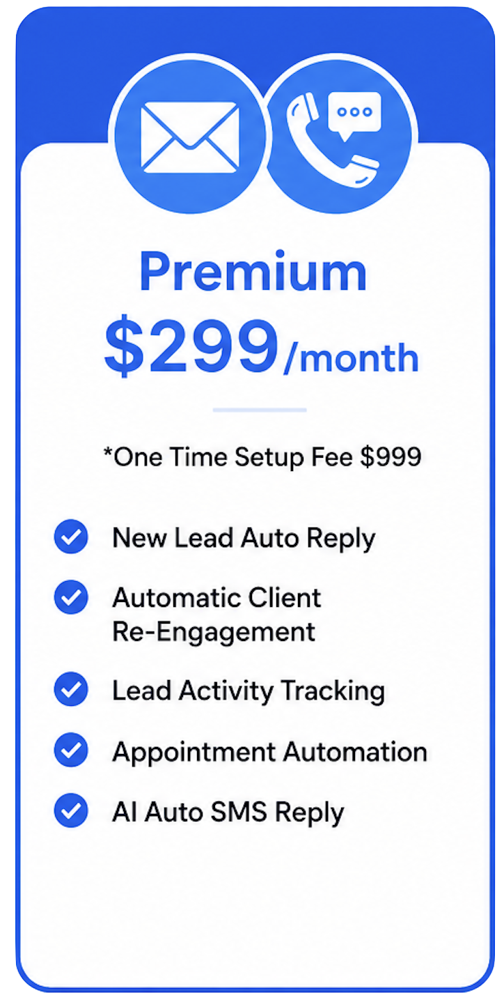 A promotional offer for a premium service costing $299 per month with a one-time setup fee of $999, including features like auto reply, client re-engagement, lead tracking, appointment automation, and SMS reply.