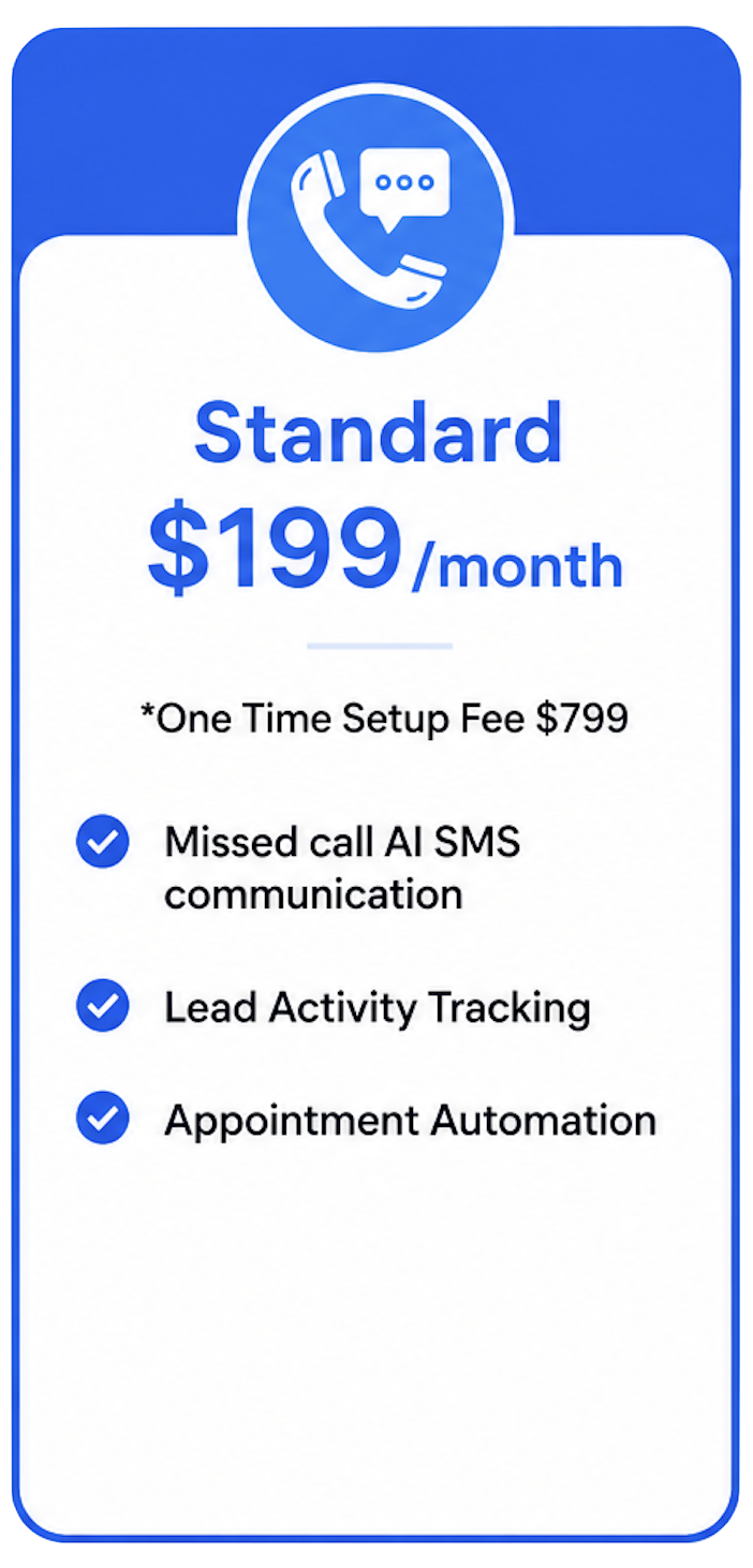 Pricing plan advertisement for a standard service at $199 per month with a one-time setup fee of $799. Features include missed call AI SMS communication, lead activity tracking, and appointment automation.