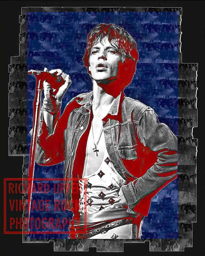 A stylized image of a woman holding a microphone, dressed in a denim jacket, with short hair, and a cross necklace. The background is a collage of small black-and-white photos. Text overlay reads "RICHARD UPPER VINTAGE ROCK PHOTOGRAPHY."
