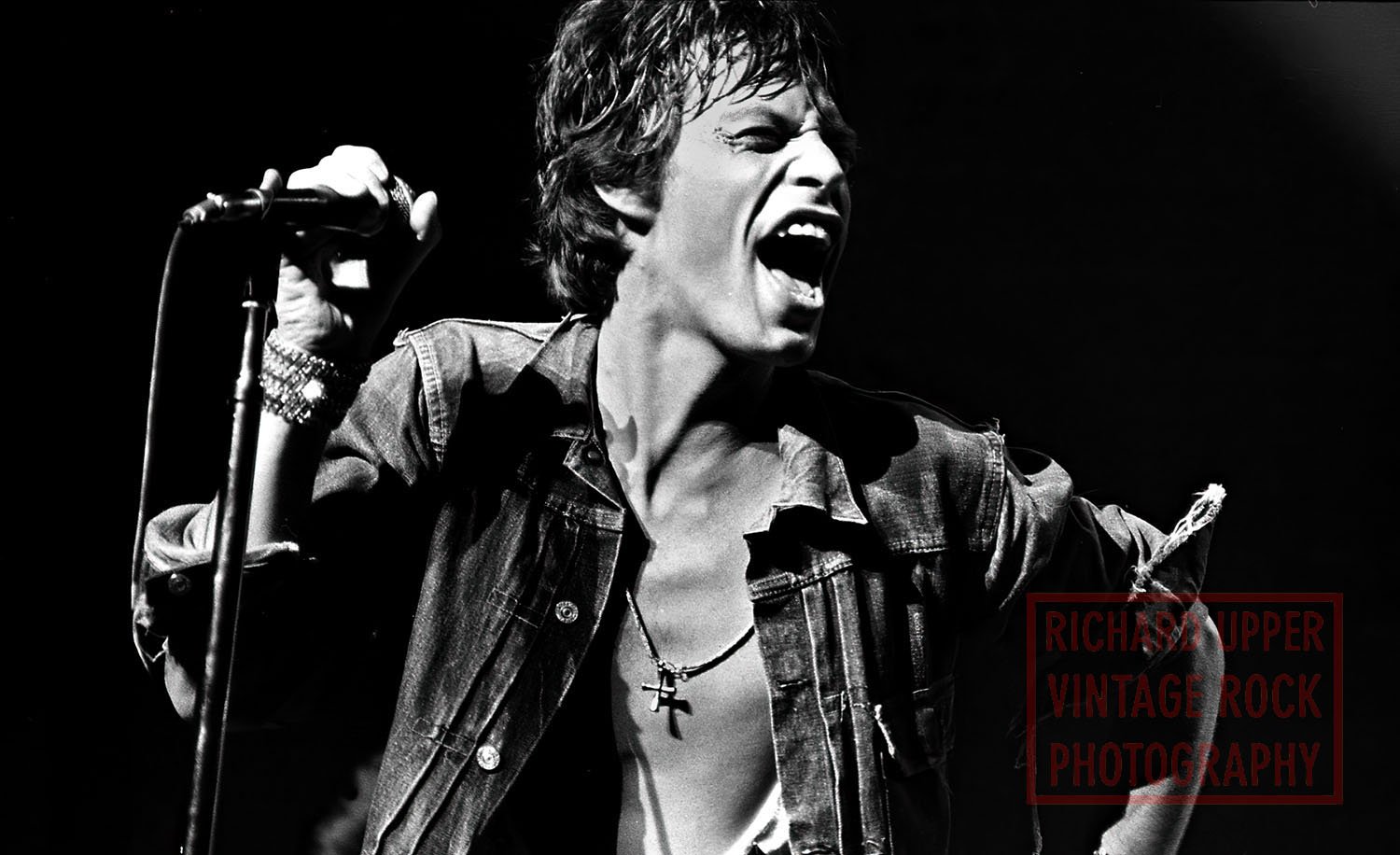 Black and white photo of a woman passionately singing into a microphone on stage, wearing a denim jacket and a cross necklace.