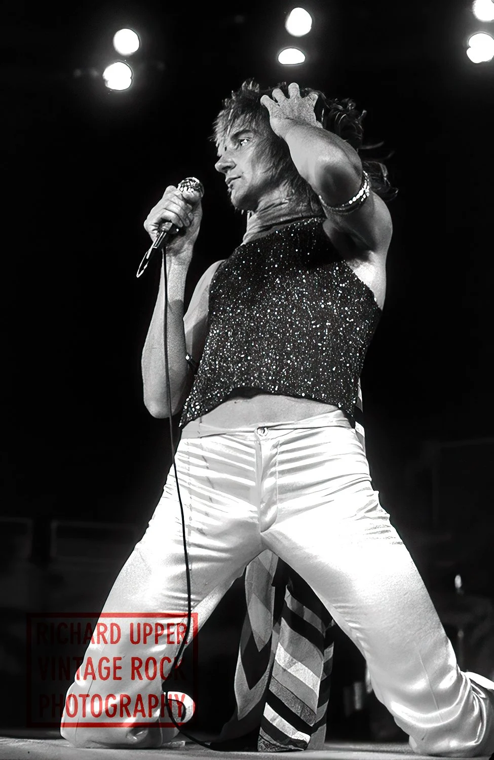 Male performer on stage wearing shiny pants and a glittery top, holding a microphone, with stage lights overhead.