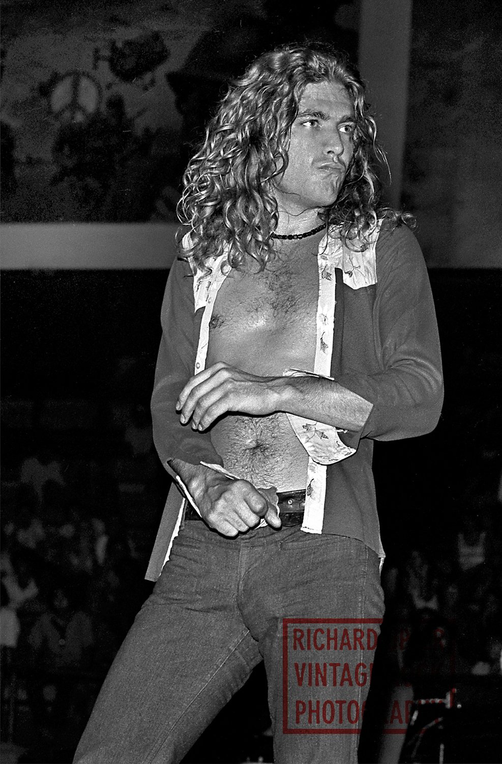 A black-and-white photo of a man with long, curly hair, shirt open to reveal chest and abdomen, wearing jeans and a black choker necklace.