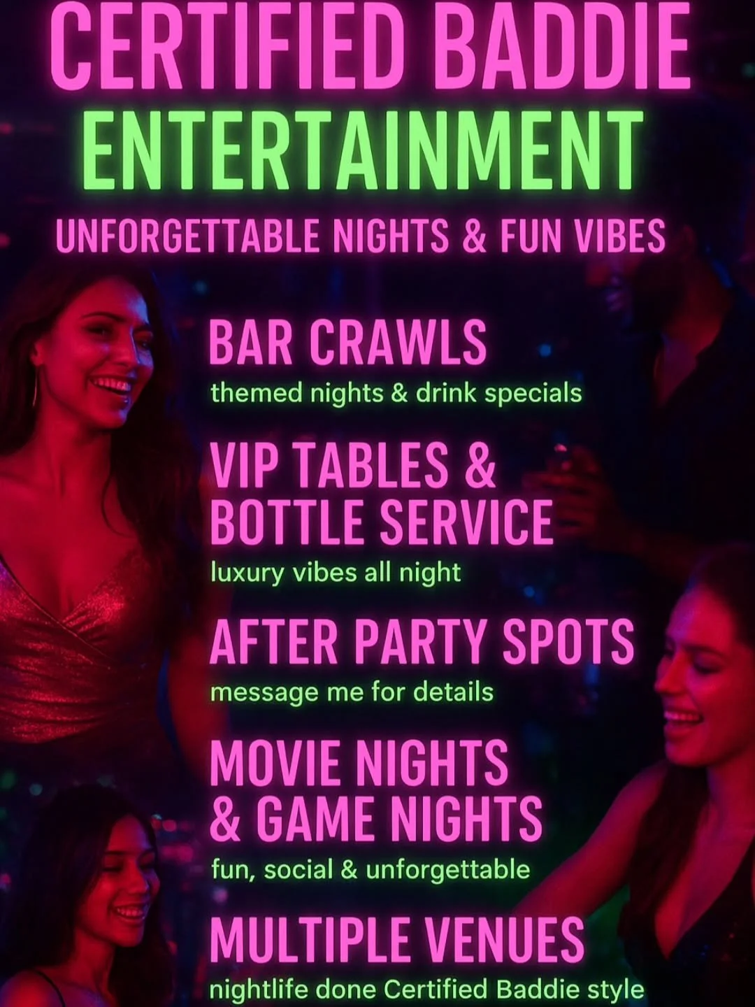 We have alot to offer you want details just dm us 
First time great come join  unforgettable  nights 😁
Solo come meet knew people we surround ourself with good people and vibes 😇
Our regulars keep the fun going let's go 🤑🎶💯