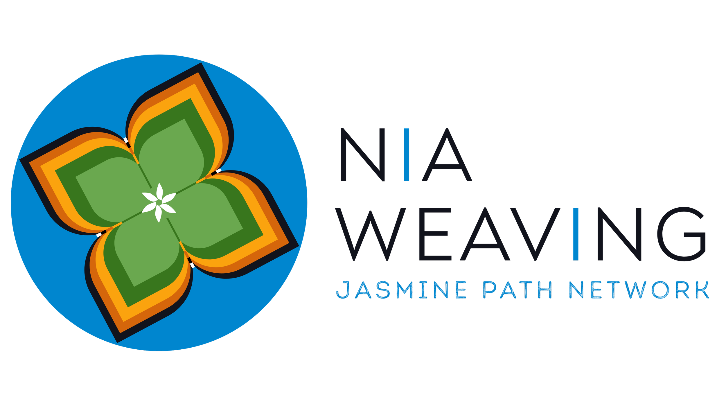 Logo of NIA WEAVING Jasmine Path Network featuring a stylized green and orange flower on a blue circular background with black text to the right.