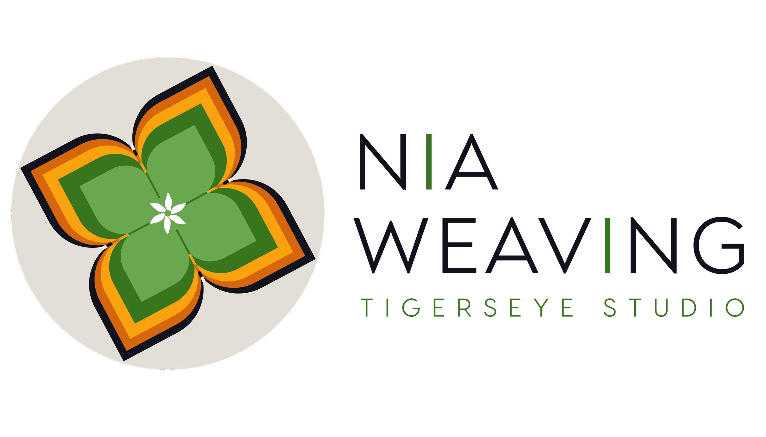 Logo for Nia Weaving, Tigers Eye Studio featuring a colorful stylized four petal flower with green, orange, and yellow borders, and the studio name written in black and green text.