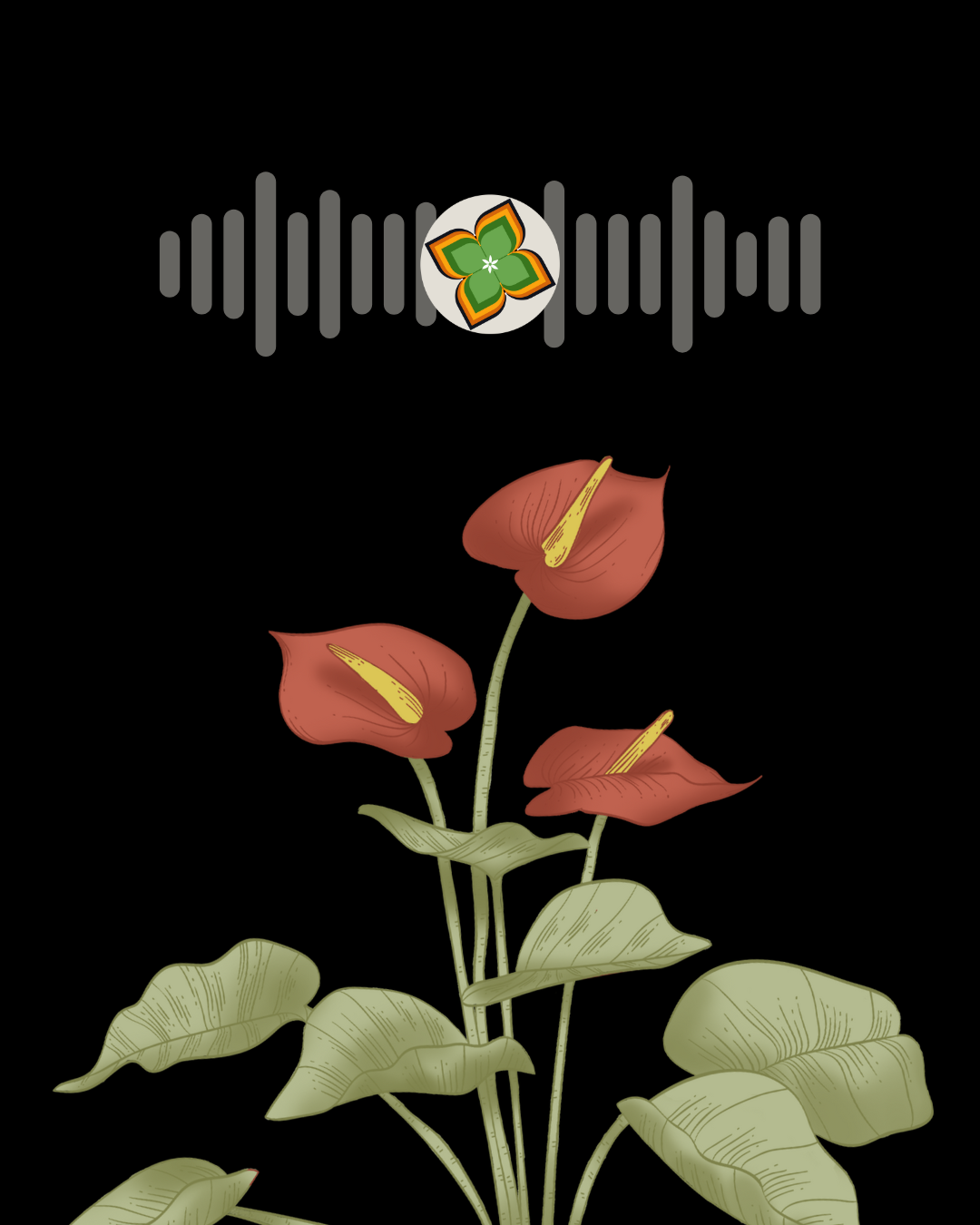 Illustration of three red calla lilies with yellow spadices and large green leaves on a black background, overlaid with a soundwave and a logo.
