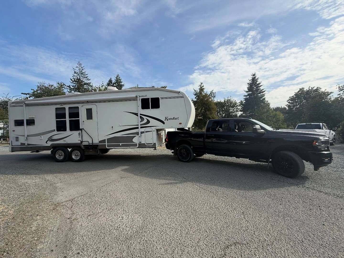 A black pickup truck towing a white travel trailer RV parked on gravel, with trees and blue sky in the background.