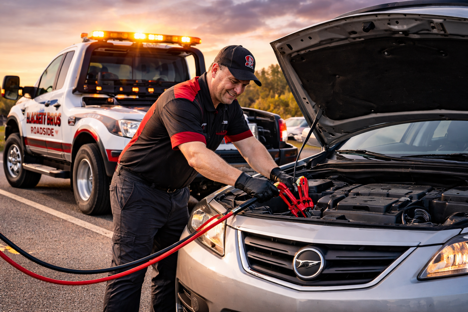 A black pickup truck towing a flatbed trailer with a white truck on it, parked on a gravel driveway surrounded by trees and a wooden fence.