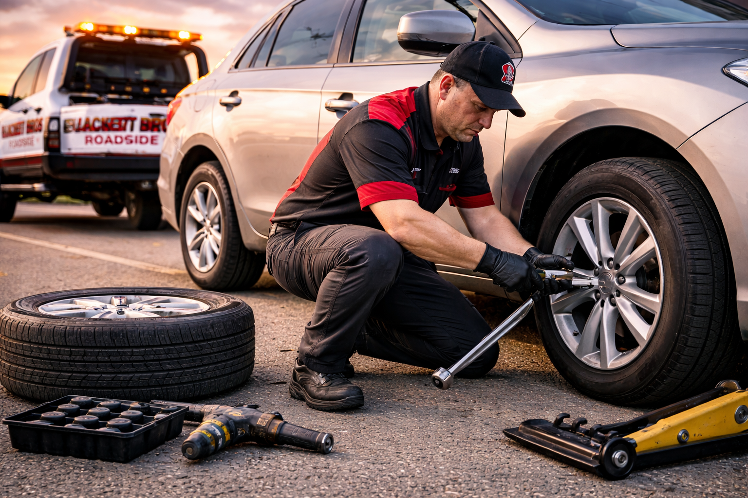A black pickup truck towing a white travel trailer RV parked on gravel, with trees and blue sky in the background.