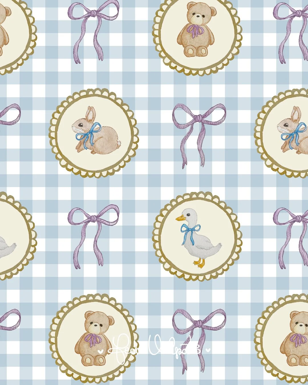My lovely Emma Collection: the sweetest pattern collection for children! Adorned with adorable geese, cuddly teddy bears, and playful bunnies, set against a preppy gingham backdrop, embellished with lovely bows and watercolor flowers. 

It is availab