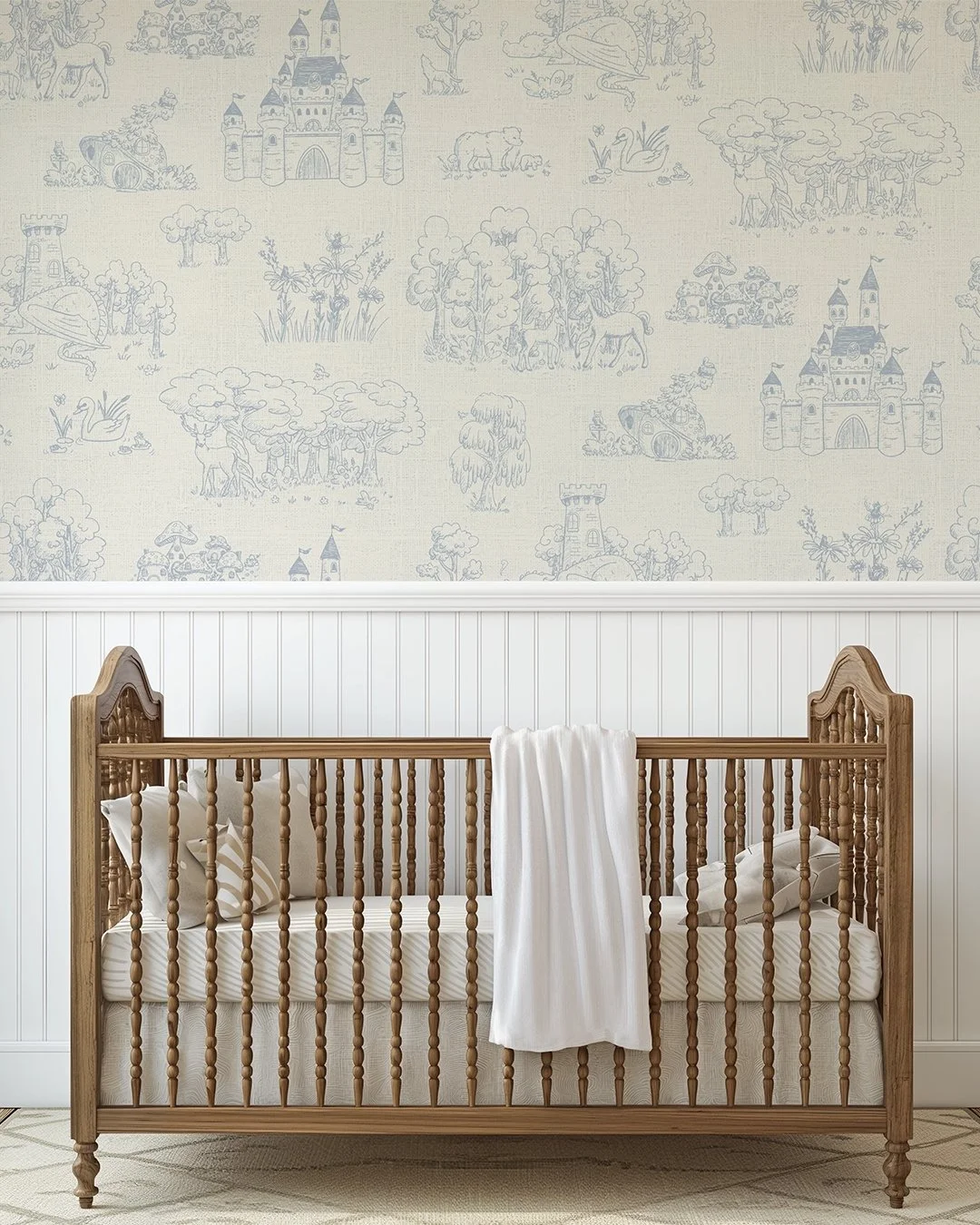 Some patterns don't overwhelm a space, but add depth through delicate details waiting to be discovered. They quietly become part of the room. 

A timeless toile design and a palette of warm neutrals and gentle blues create a calm space that feels ele