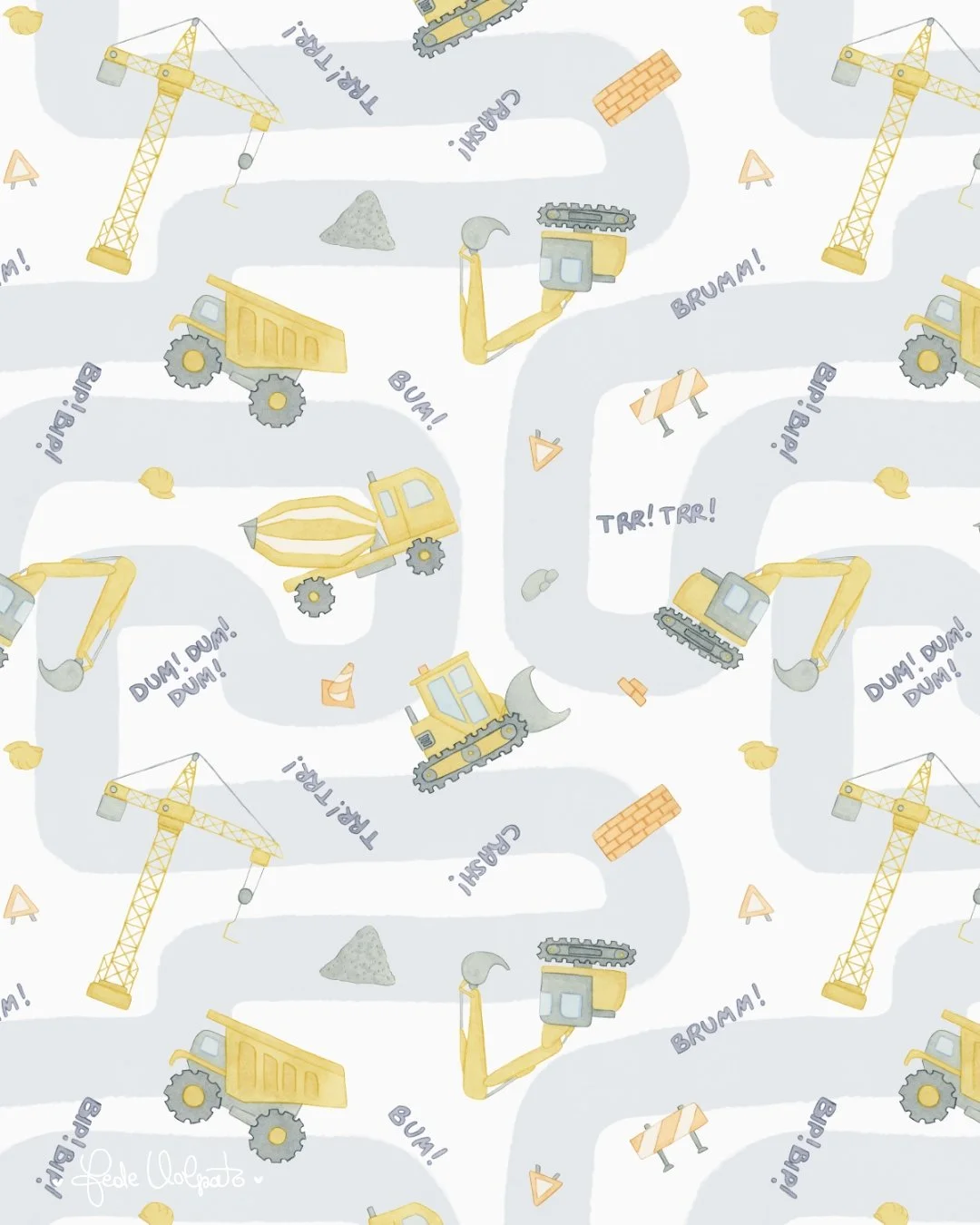 Cranes, trucks, diggers, little hard hats and road signs, all painted by hand and gathered onto one joyful construction pattern. 🏗️ 

I kept the palette to a gentle light blue and yellow, with a road running underneath to tie it all together. It's p