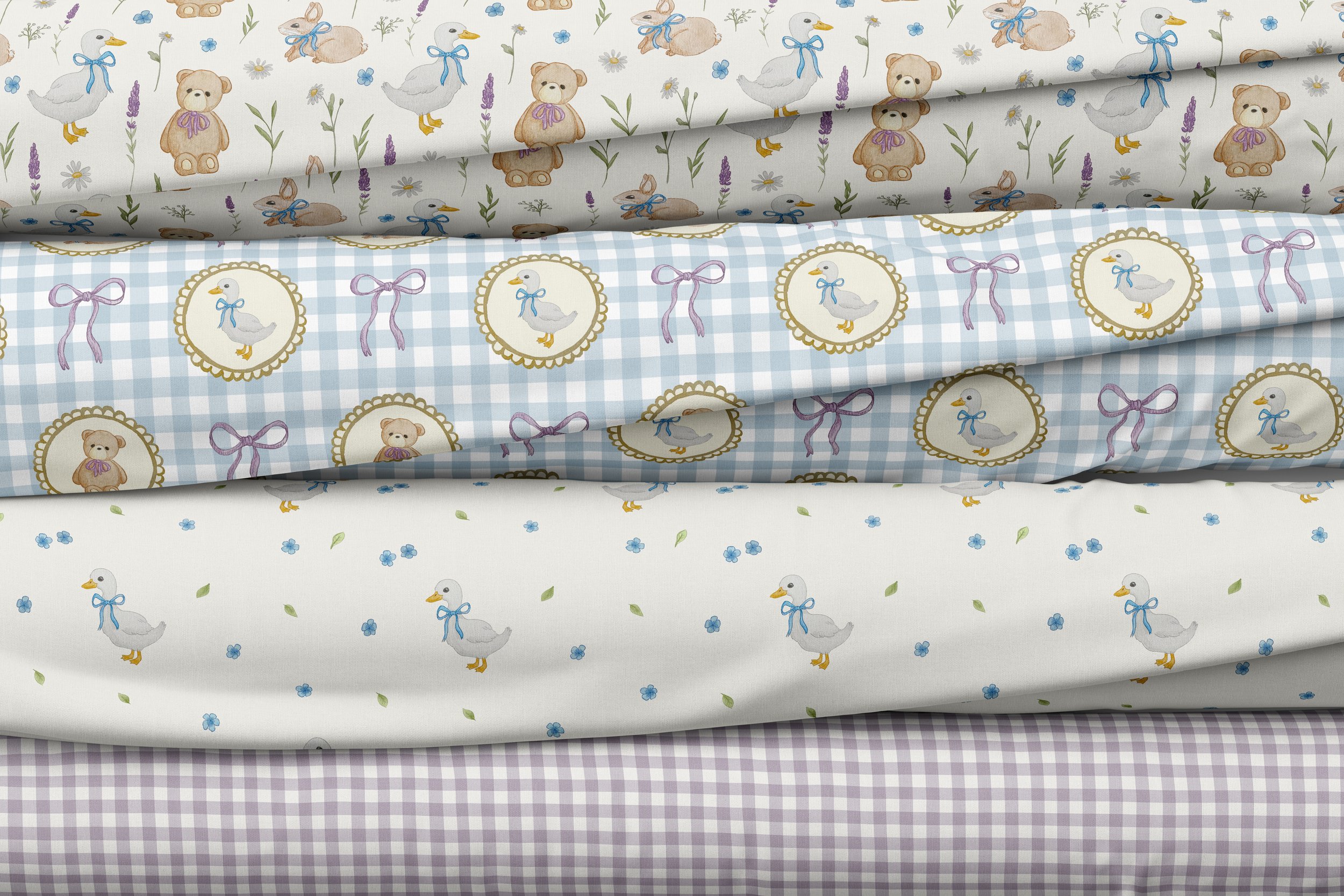 Stacked pastel-colored fabric with quilted animal and floral patterns, including ducks, bears, rabbits, and small flowers.