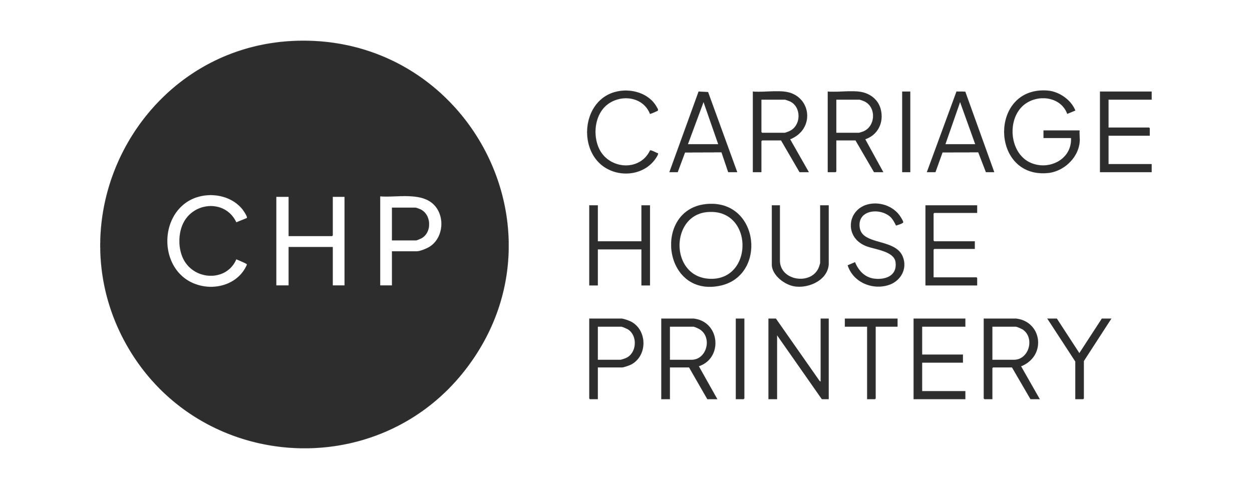 Logo with a dark gray circle containing the letters 'CHP' and the words 'Carriage House Printery' to the right.