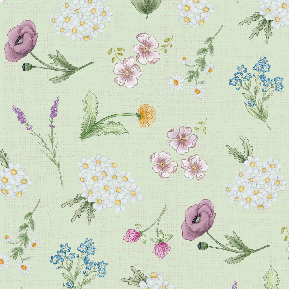 Pattern of various hand-drawn flowers including daisies, lavender, poppies, and forget-me-nots on a light green background.