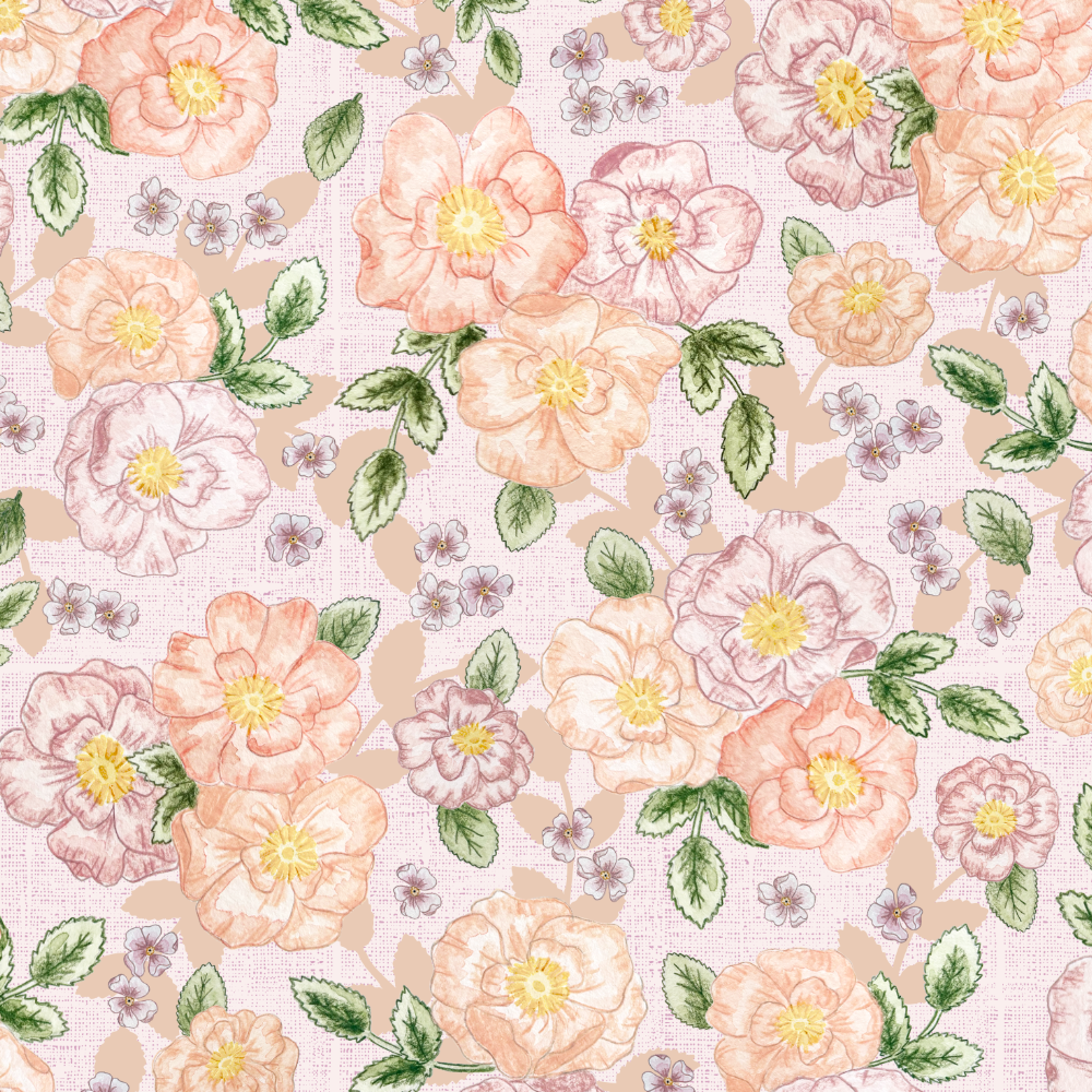 A floral pattern with peach and light pink large flowers, smaller purple flowers, and green leaves on a light pink background.