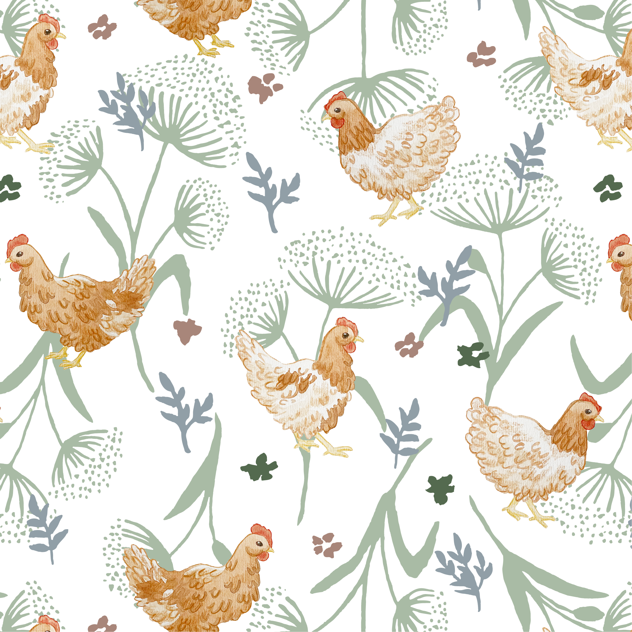 Pattern with chickens, green and blue plants, and small brown and green leaves on a white background.