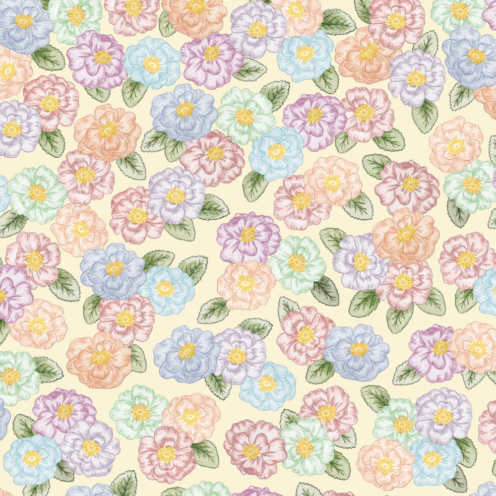 A repeating pattern of pastel-colored flowers and green leaves on a light yellow background.
