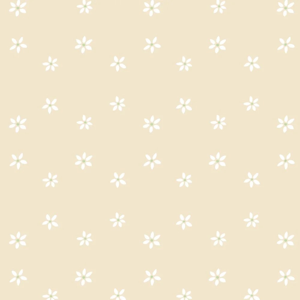 Beige background with white and light green floral pattern.