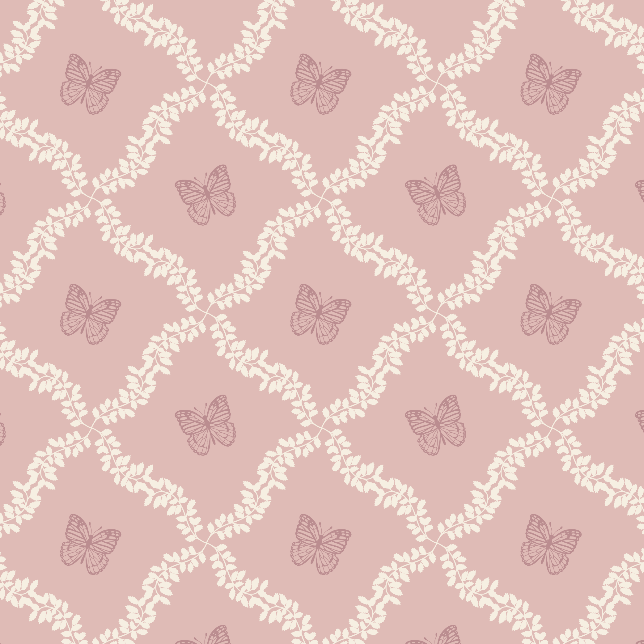 A seamless pattern with light pink background, white leafy vines forming diamond shapes, and purple butterflies scattered throughout.