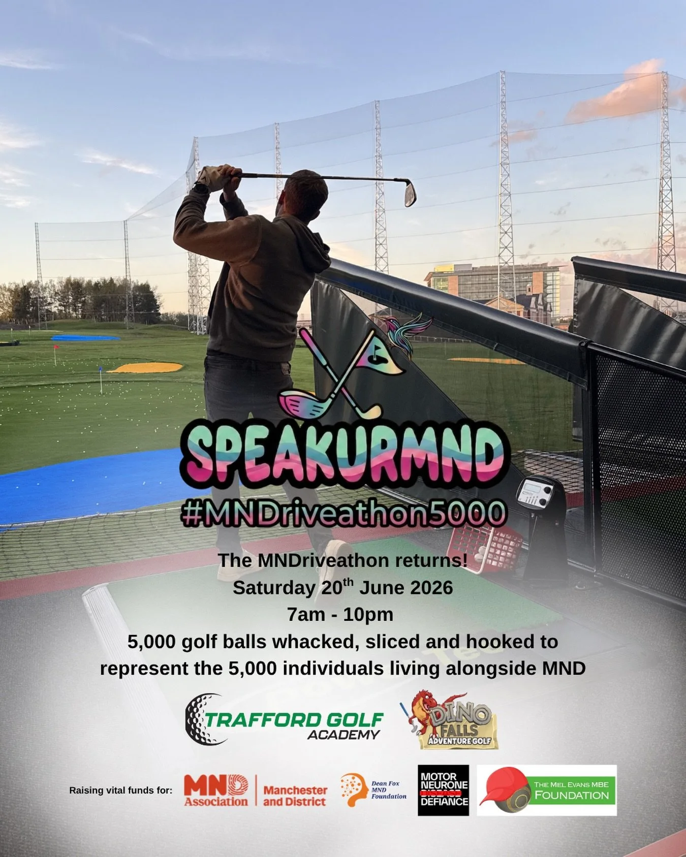 The MNDriveathon5000: The Mulligan is back.
20 June. 7am-10pm.
We&rsquo;ll be hitting 5,000 golf balls from 7am&ndash;10pm to represent the 5,000 people currently living with Motor Neurone Disease in the UK, coinciding with Global MND Awareness Day o
