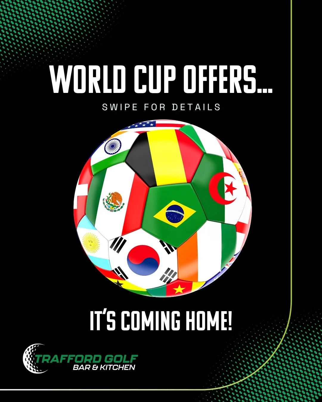 If you&rsquo;re watching the World Cup&hellip; you may as well do it properly 😉 

We&rsquo;ll have the games on in the Bar &amp; Kitchen, with food &amp; drink offers running across the tournament. Swipe for more details ➡️

Sorted ⚽⛳