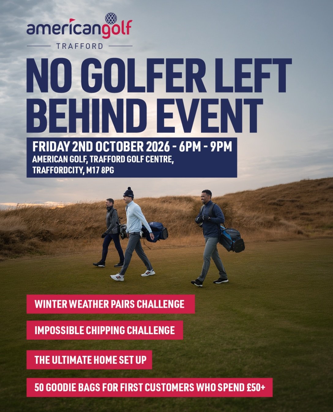 &pound;250 gift cards up for grabs ⛳

Grab your golfing partner and head to @american_golf at Trafford Golf Centre this Friday for No Golfer Left Behind.

Take on the Winter Weather Pairs Challenge, attempt the Impossible Chipping Challenge, try the 