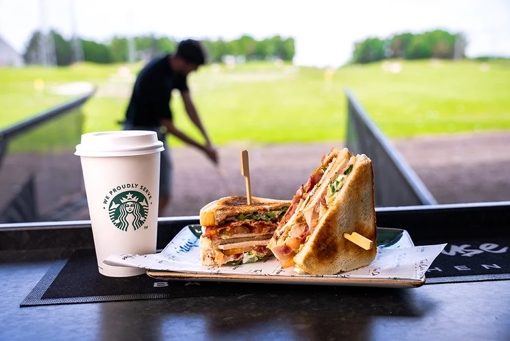 Club sandwich and starbucks at golf bay