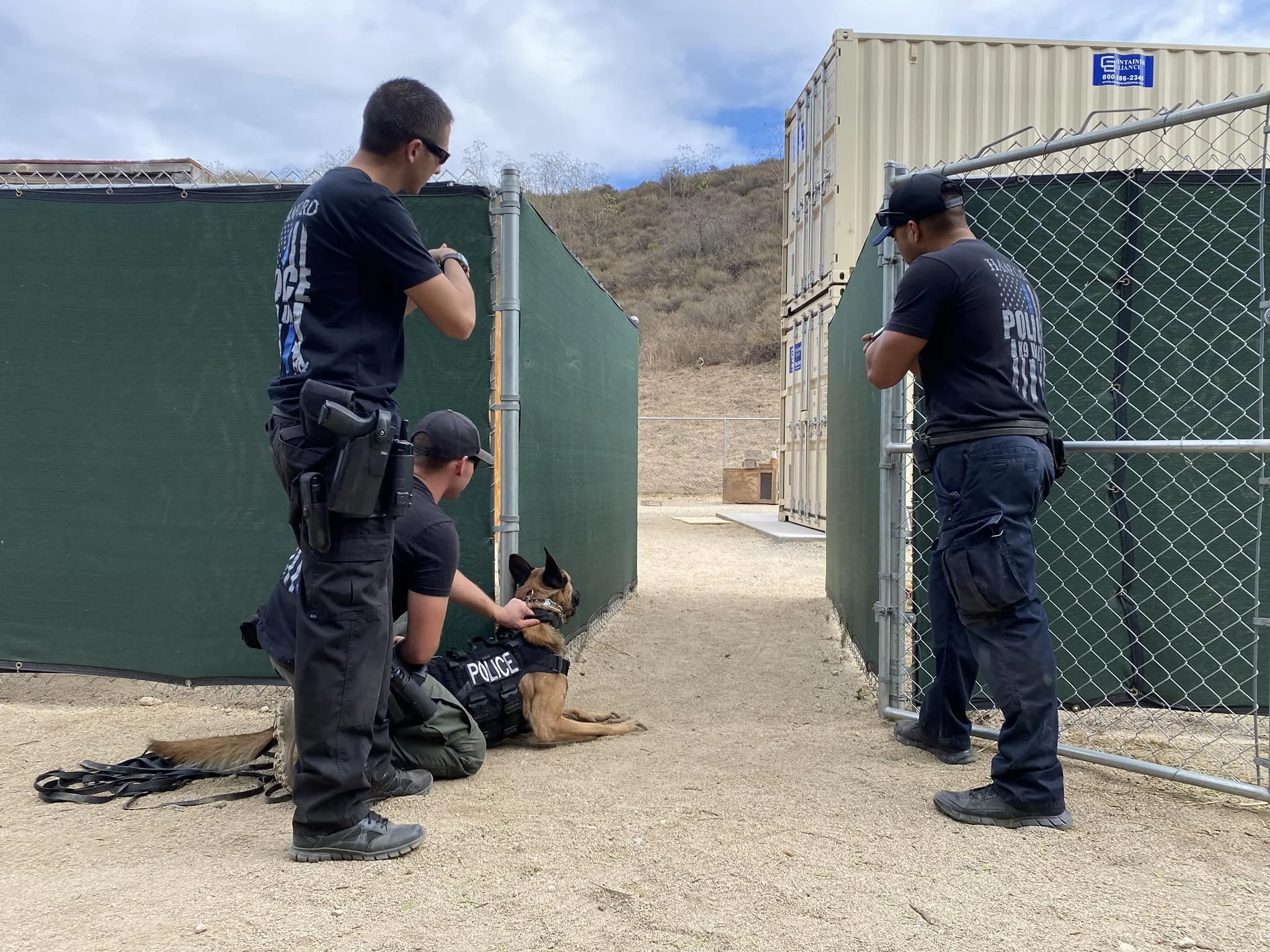 Gold Coast K9 detection dog working with three police officers while inspecting a search area.